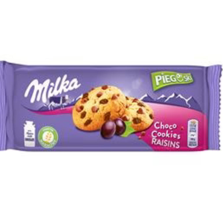 24pk x 6 MILKA PIEGUSKI CHOCO COOKIE RAISINS COOKIES WITH MILK CHOCOLATE CHUNKS AND RAISINS 135 G