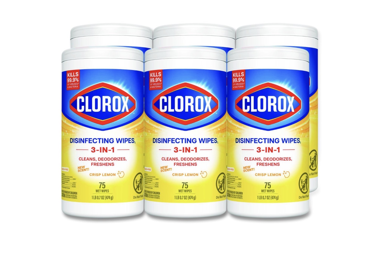 Clorox Disinfectant Wipes -Lemon fresh - 75 Ct - 6 Pack