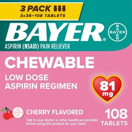 Bayer - Low Dose Aspirin Regimen - 81Mg Chewable Tablets - Cherry - 108 Ct.. - 1 Pack