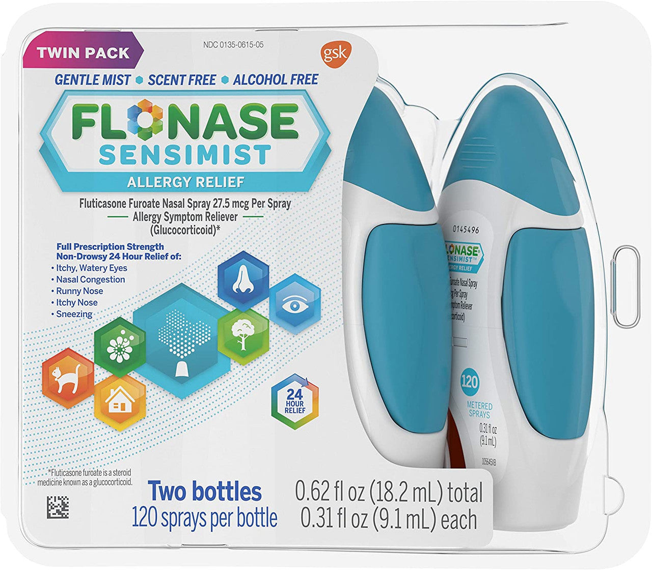 Flonase - Nasal Spray - Sensimist - 120 Sprays - Twin Pack - 1 Pack