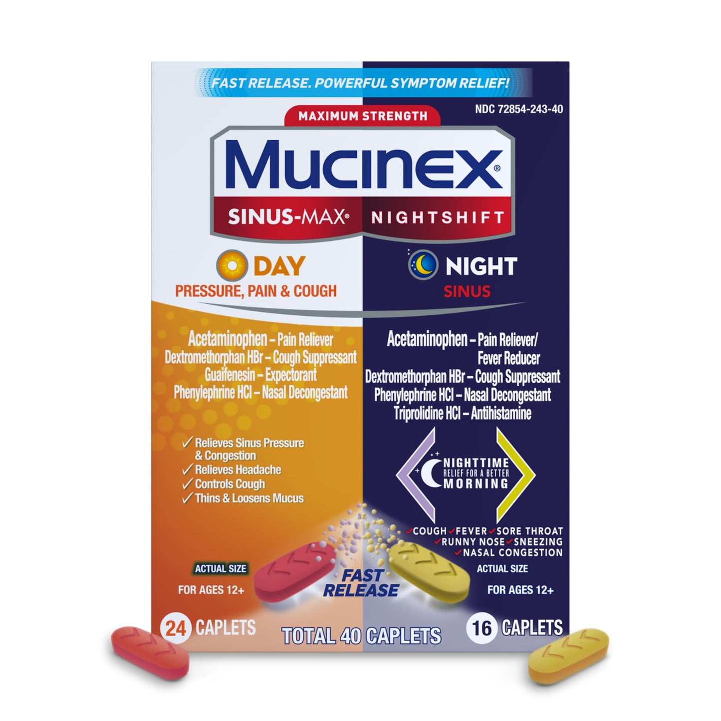 Mucinex - Sinus-Max/Nightshift - Day Pressure - Pain&Cough Total - 40 Caplets - 1 Pack