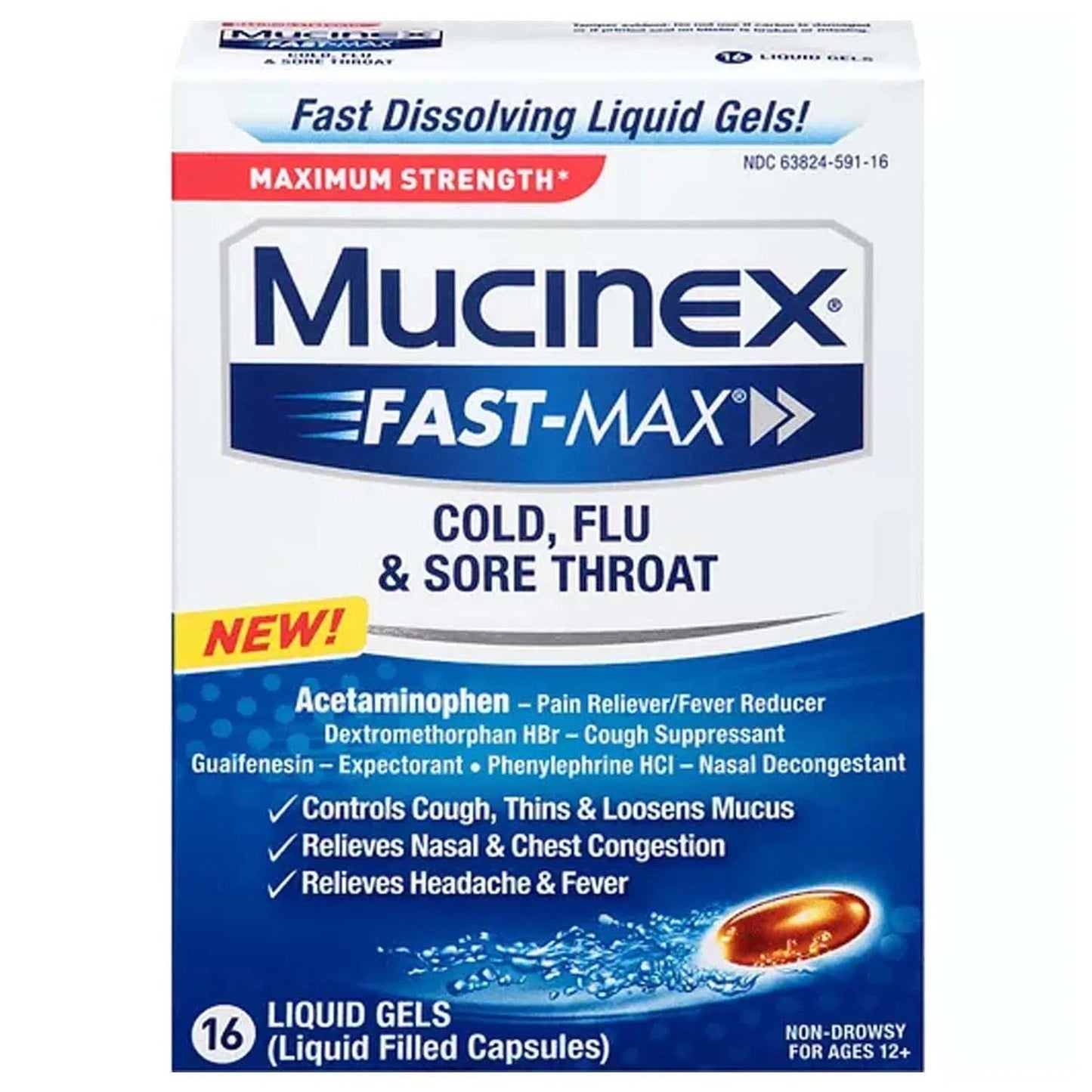 Mucinex - Fast Max Cold - Max Strength Flu & Sore Throat - 16 Liquid Gels - 1 Pack