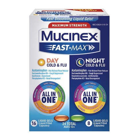 Mucinex - Fast-Max - Day/Night All In One - Total 24 Caplets - 1 Pack