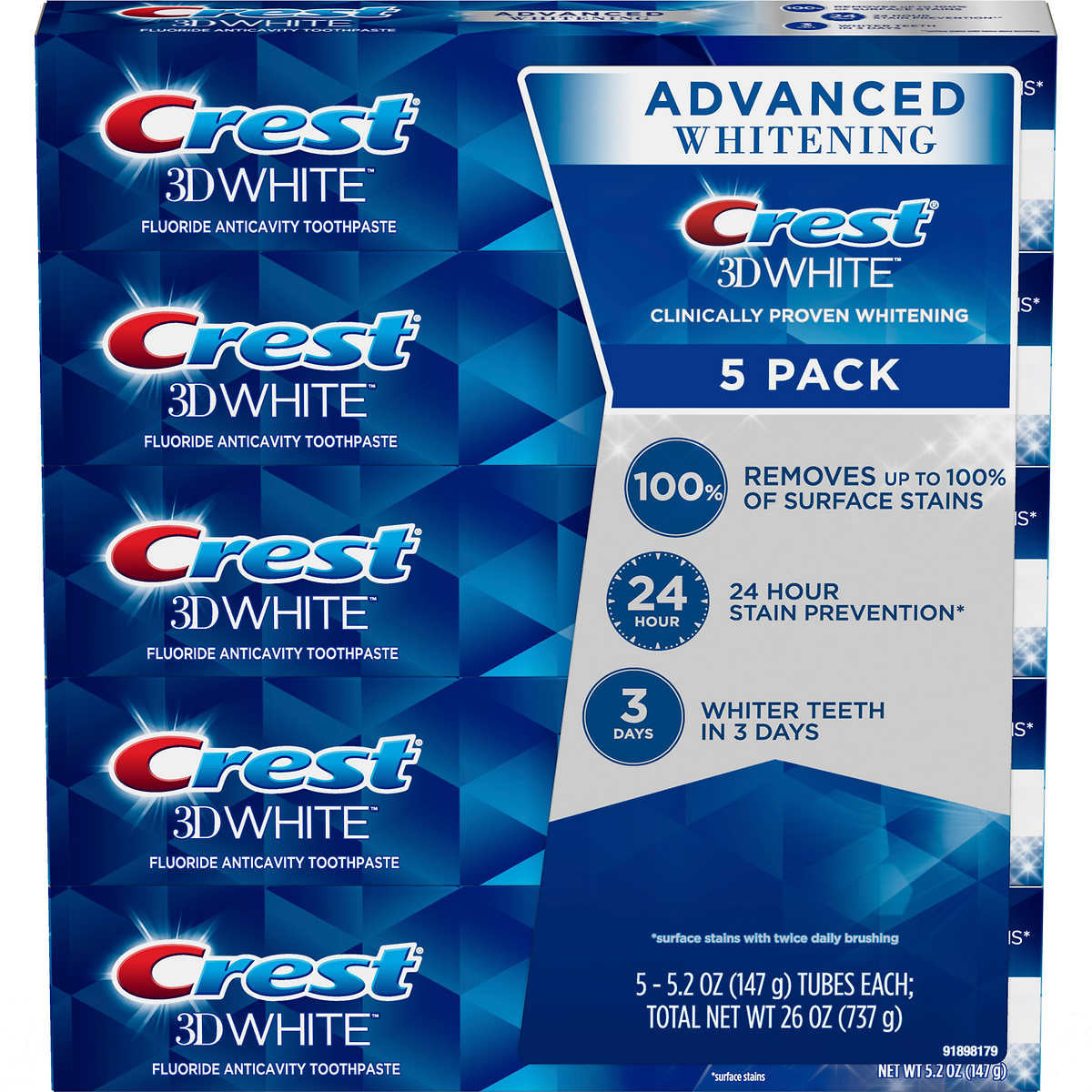 Crest Toothpaste - 3D White - Advanced Whitening Toothpaste - 5.2 Ounce (Pack Of 5) - 1 Pack