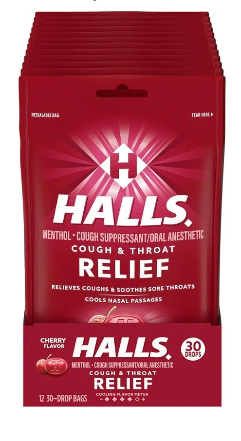 HALLS RELIEF COUGH & SORE THROATCHERRY 12 PACK